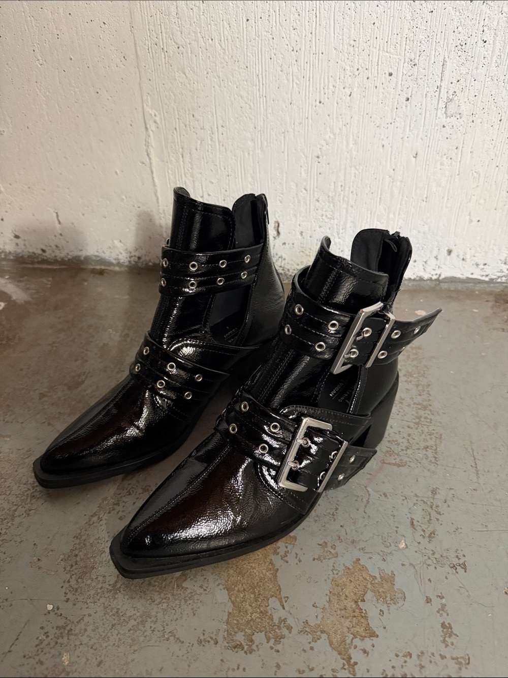 Call It Spring Vegan, Black Patent Buckled Pointed Ankle Boots 7